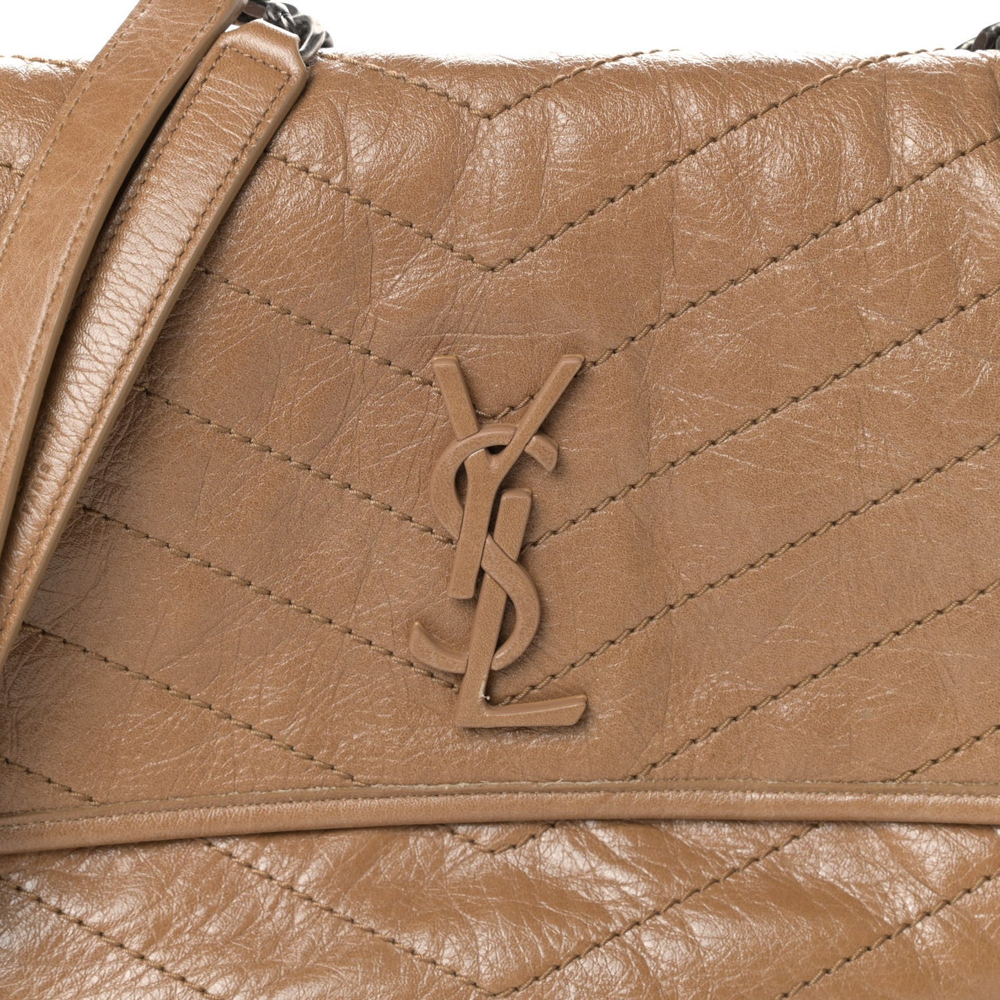 Crinkled Calfskin Matelasse Monogram Medium Niki Chain Satchel Natural Tan