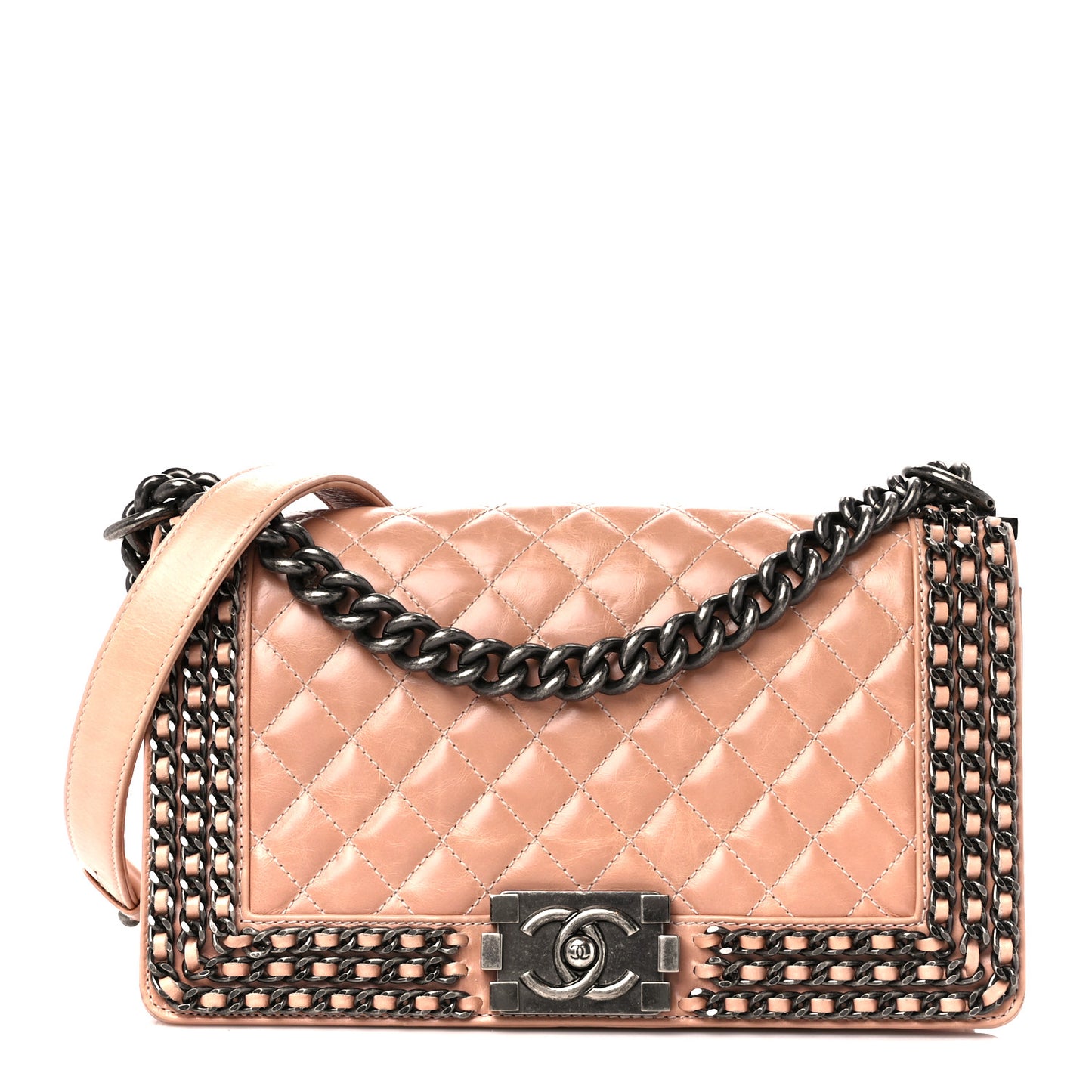 Glazed Calfskin Quilted Medium Boy Chained Flap Beige