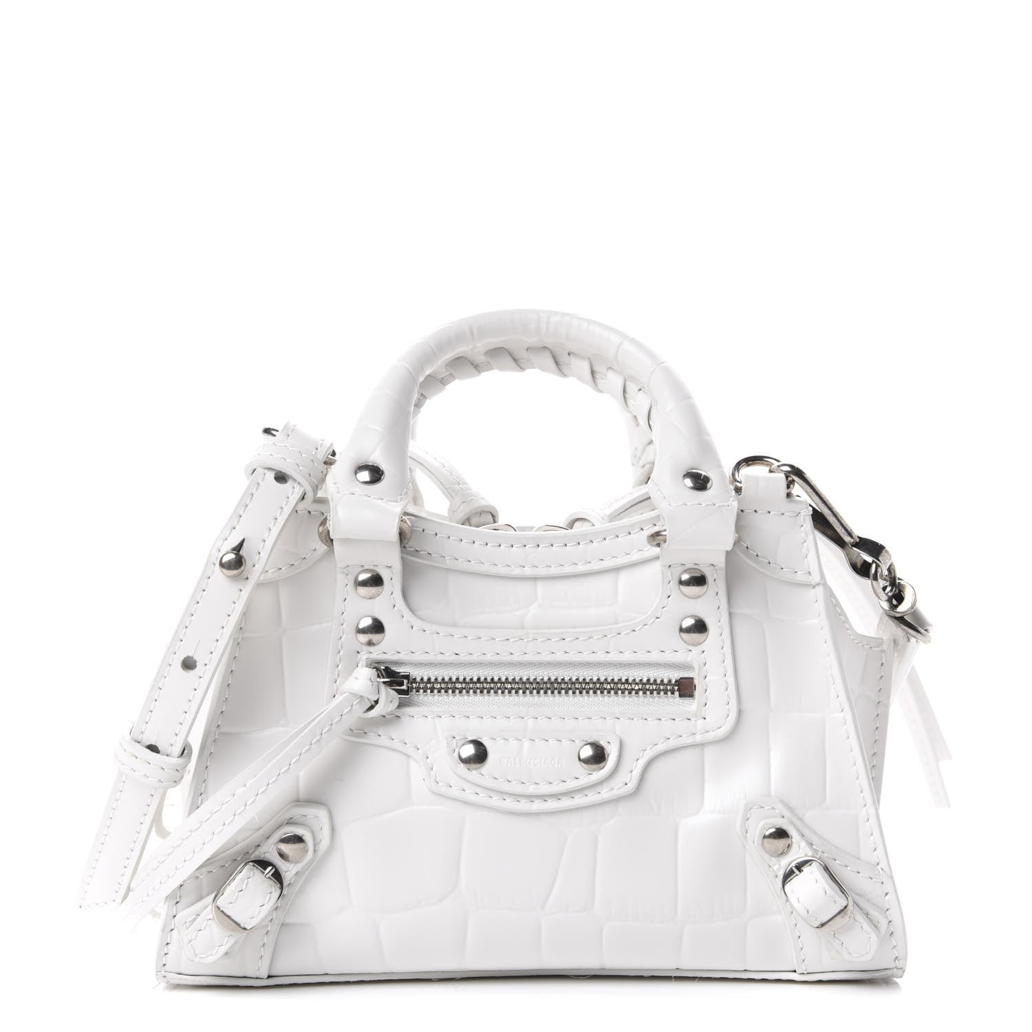 Balenciaga Semi Shiny Calfskin Crocodile Embossed Neo Classic Silver Hardware Nano City Crossbody White 1 of 9