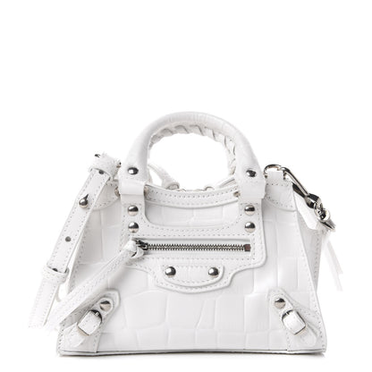 Balenciaga Semi Shiny Calfskin Crocodile Embossed Neo Classic Silver Hardware Nano City Crossbody White 1 of 9
