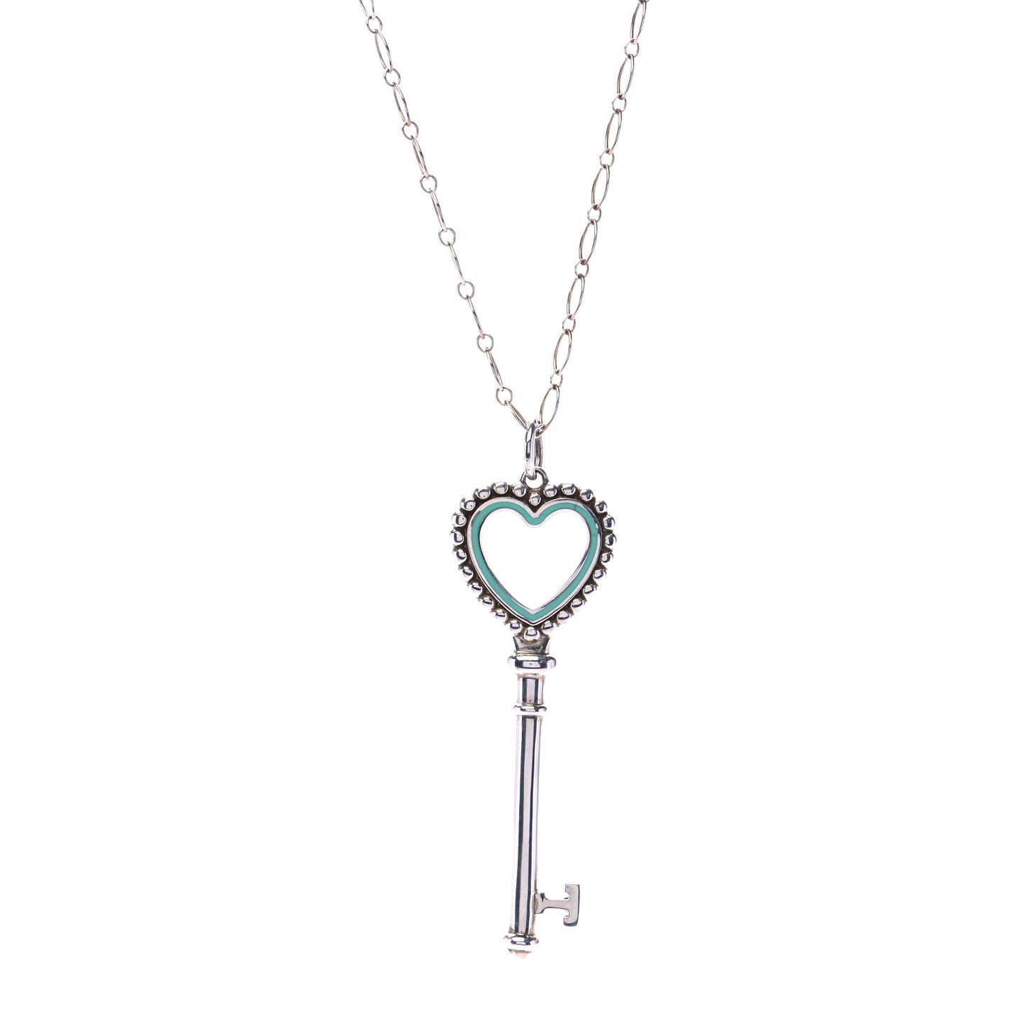 Sterling Silver Enamel Beaded Heart Key Pendant Necklace Blue