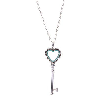 Tiffany Sterling Silver Enamel Beaded Heart Key Pendant Necklace Blue 1 of 7