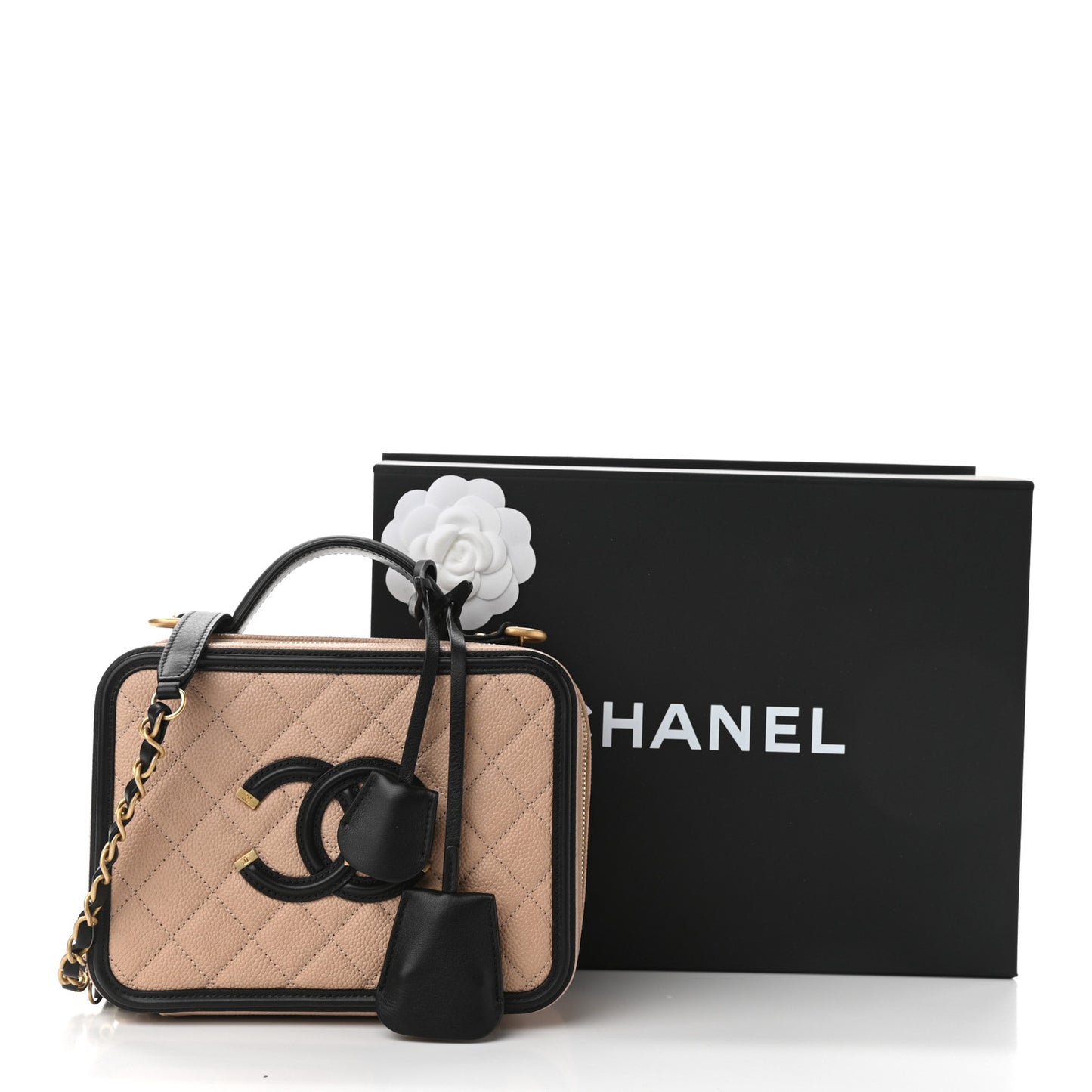 Caviar Quilted Medium CC Filigree Vanity Case Beige Black