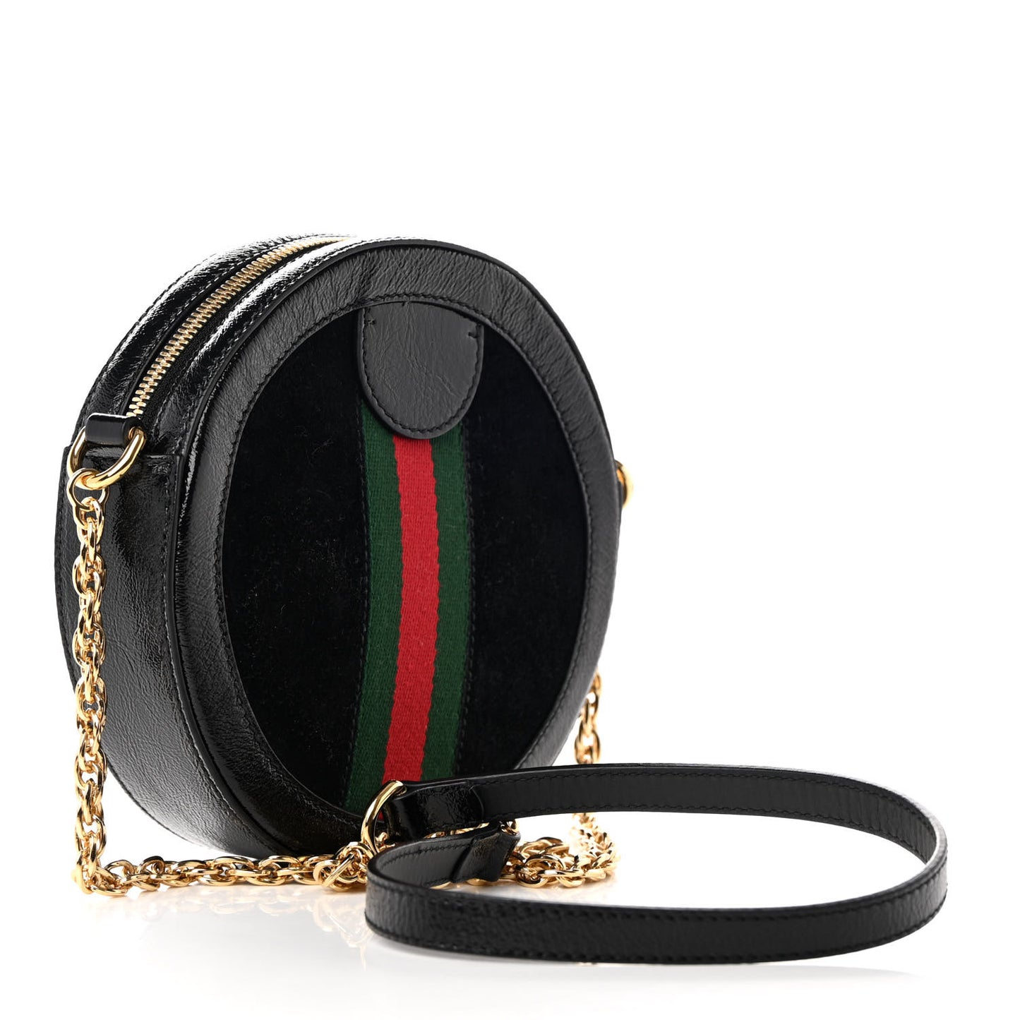 Suede Patent Web Mini Ophidia Round Shoulder Bag Black