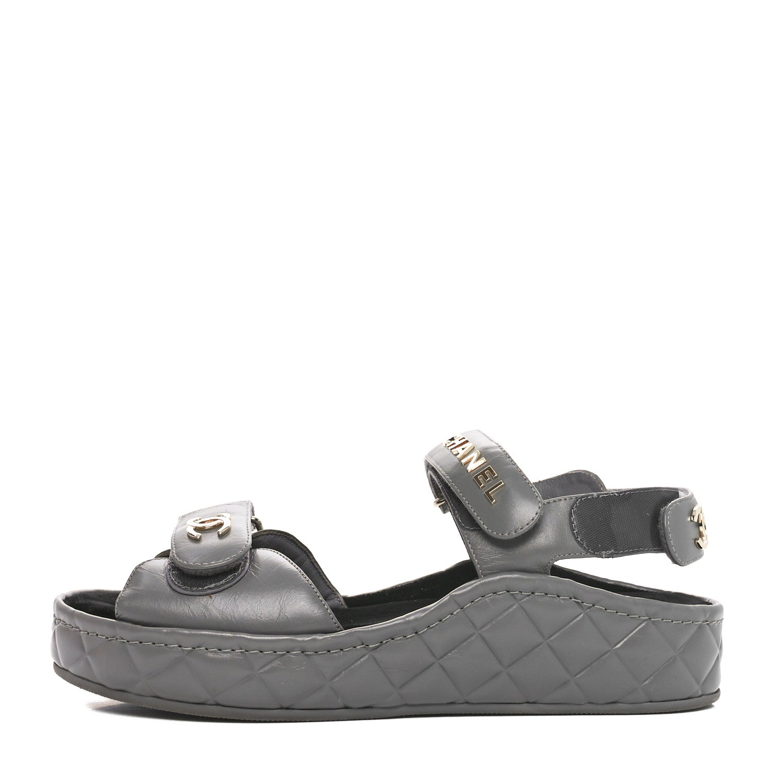Chanel Shiny Calfskin Logo Platform Sandals 38 Grey 1 of 10