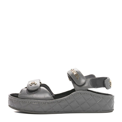 Chanel Shiny Calfskin Logo Platform Sandals 38 Grey 1 of 10