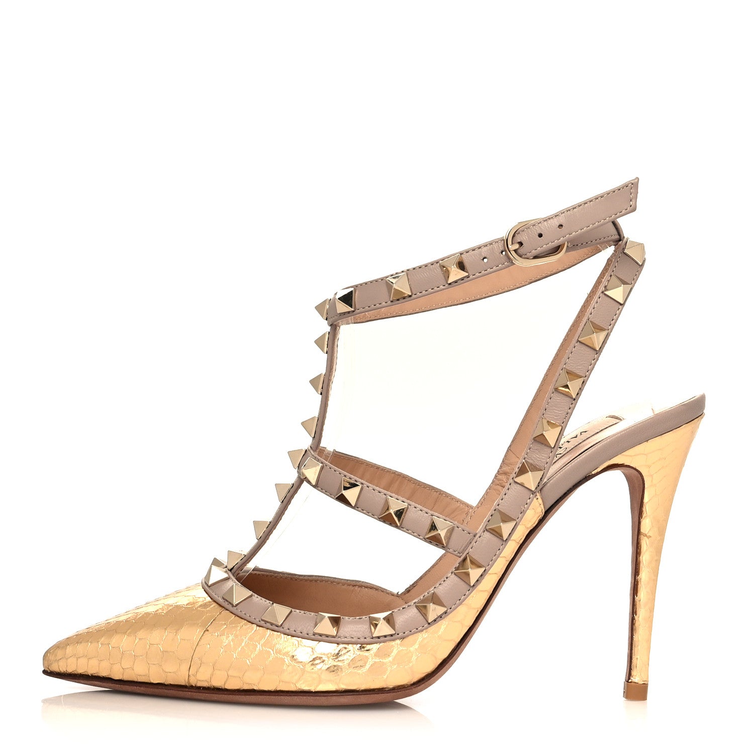 Valentino Garavani Metallic Elaphe Rockstud Ankle Strap 100mm Pumps 37 Gold Poudre 1 of 9