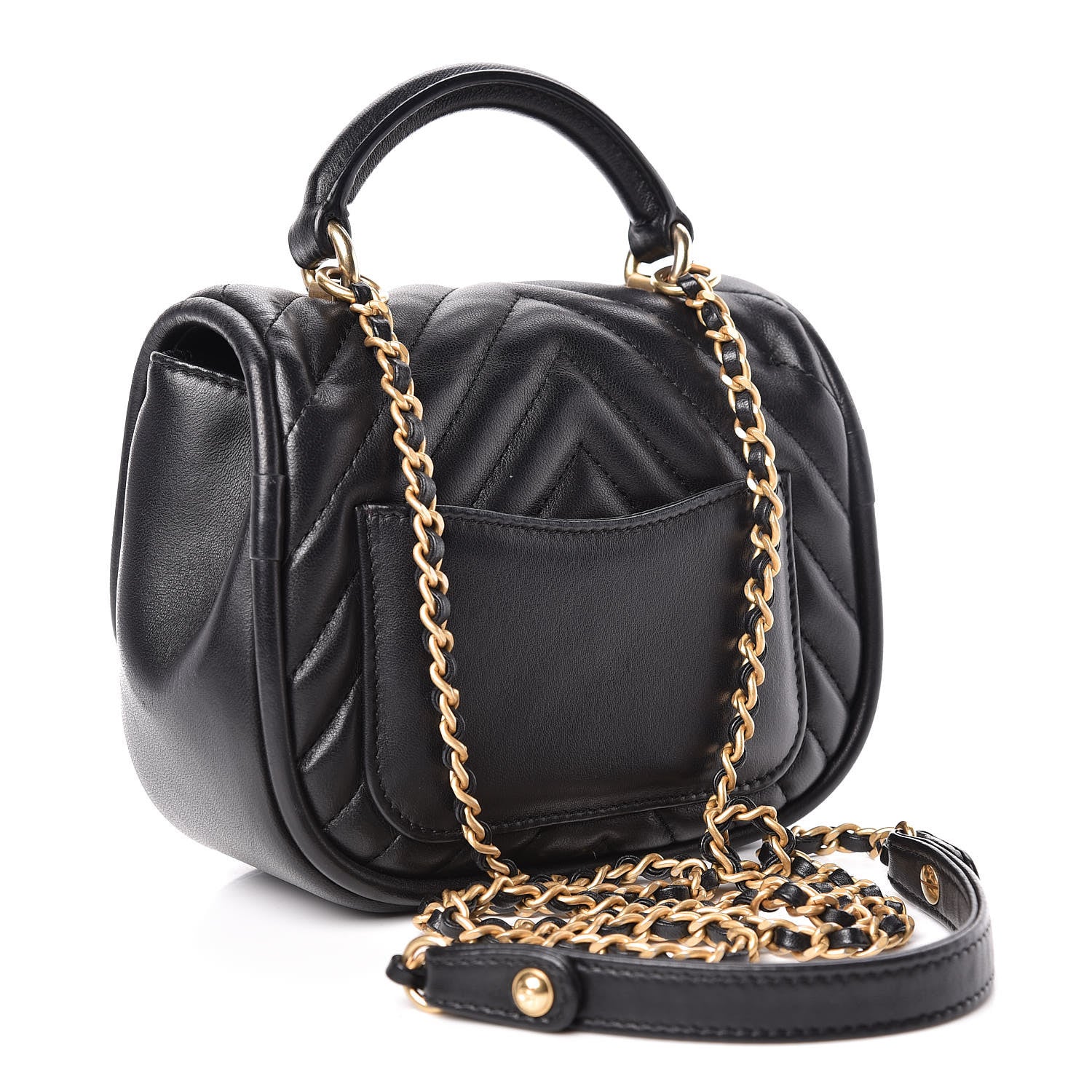 Chanel Lambskin Reverse Chevron Quilted Mini Round Top Handle Flap Black 3 of 12