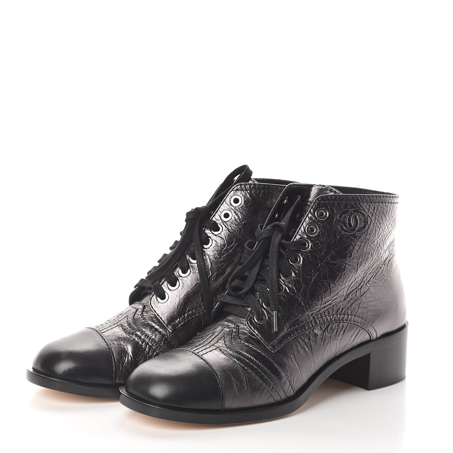 Metallic Calfskin CC Lace Up Boots 38.5 Silver Black