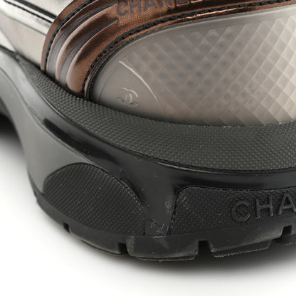 Chanel Fabric Laminated Calfskin Stretch CC Womens Sneakers 38 Khaki Silver Dark Purple 10 of 13