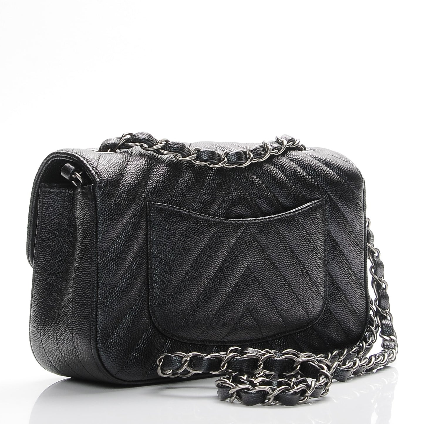 Metallic Caviar Chevron Quilted Mini Rectangular Flap Black