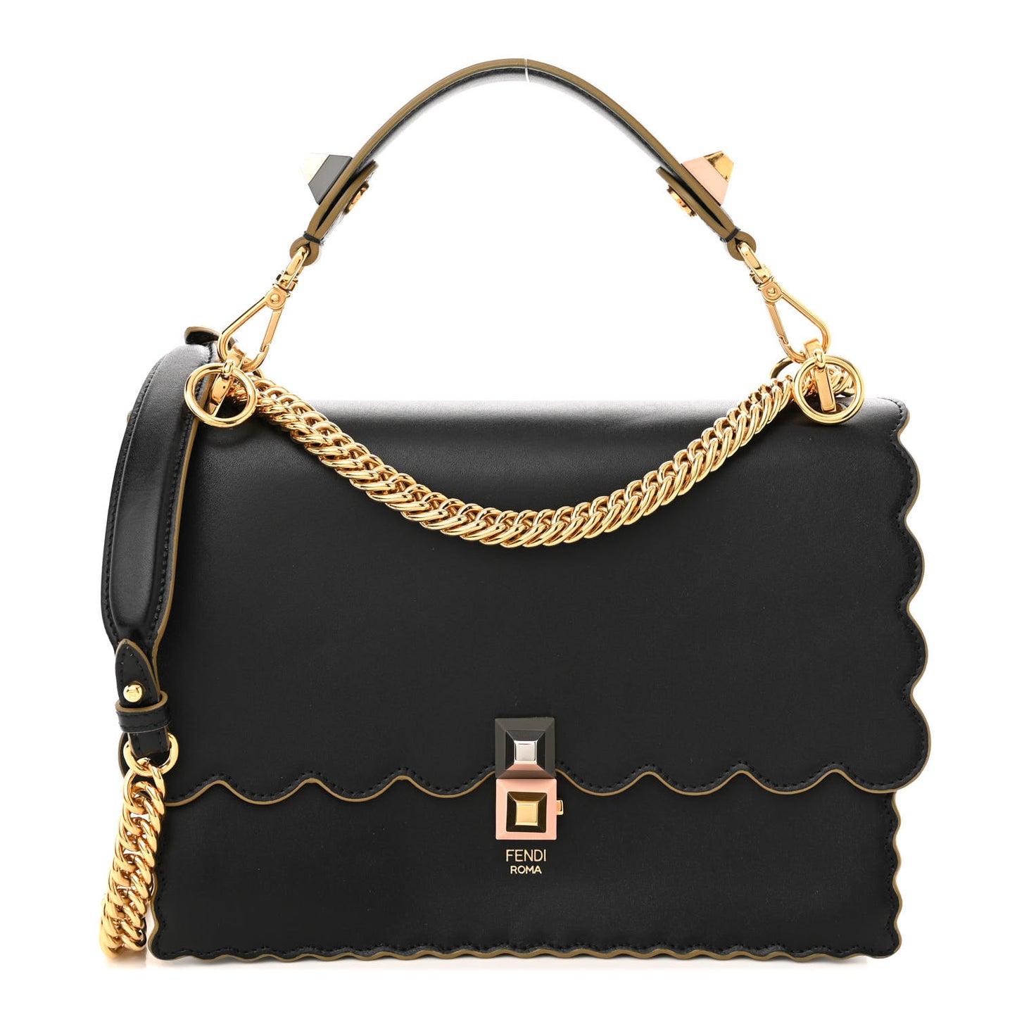 Vitello Liberty Scalloped Studded Kan I Shoulder Bag Black