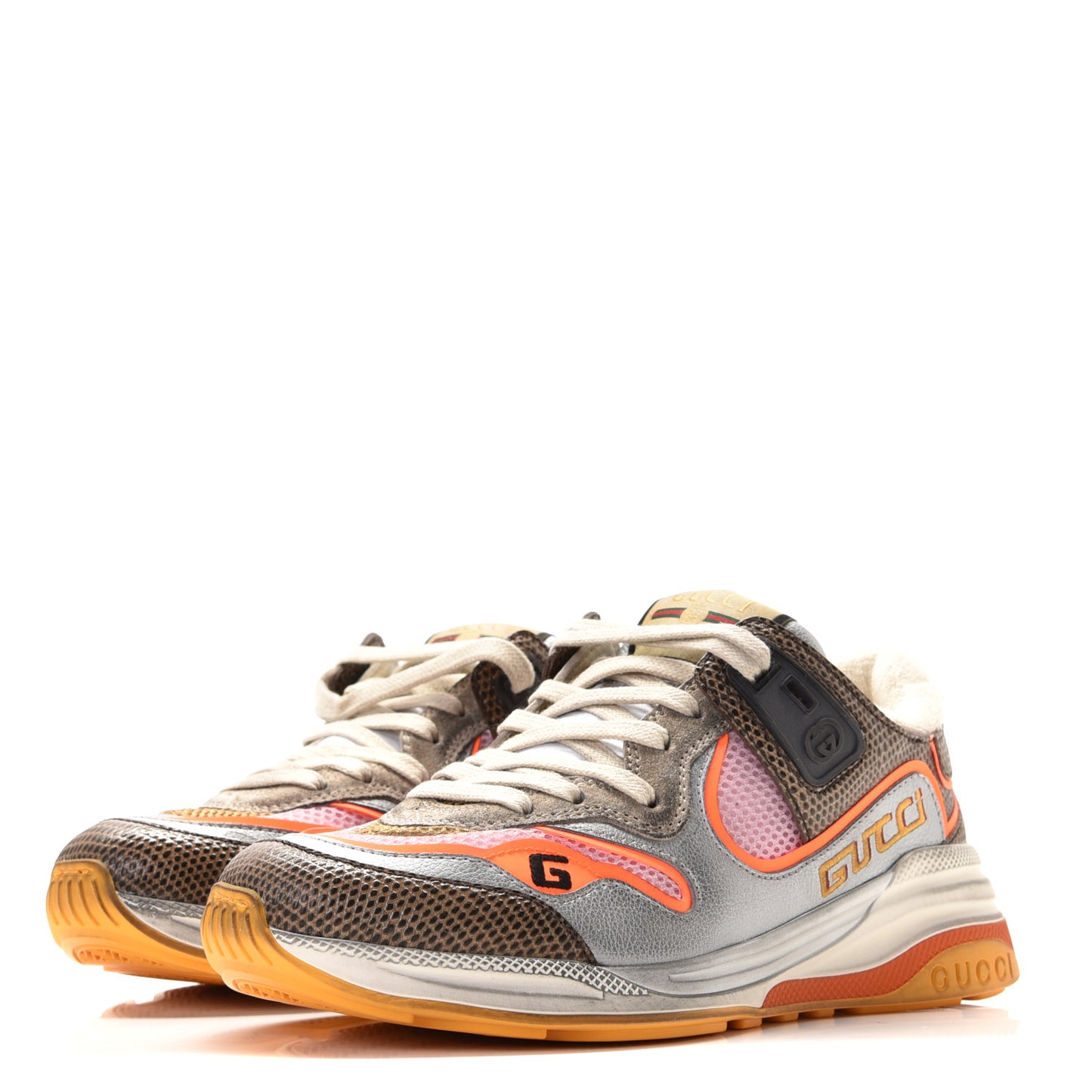 Calfskin Suede Mesh Lizard Embossed Womens Ultrapace Sneakers 35 Silver Anthracite Neon Orange