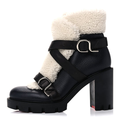 Christian Louboutin Calfskin Shearling Pole Chic 70 Booties 37.5 Nocturne Natural 1 of 10