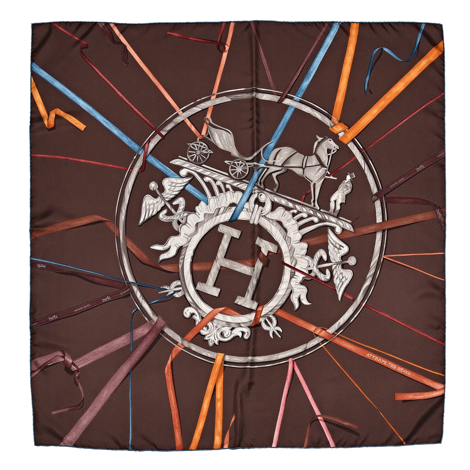 Hermes Silk Attrape Tes Reves Scarf 90 Chocolat Ardoise Taupe 1 of 7