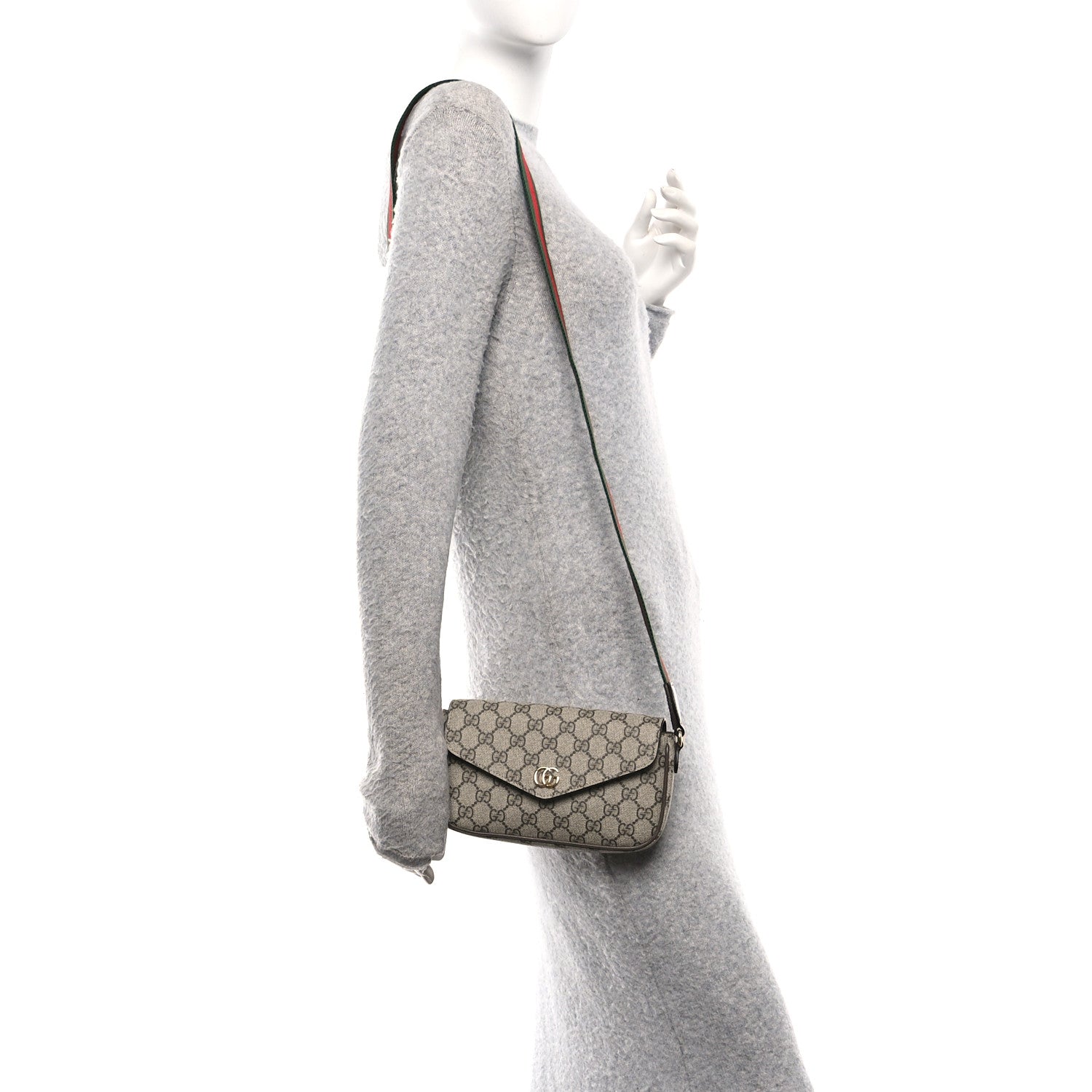 Gucci GG Supreme Monogram Textured Dollar Calfskin Web Mini Ophidia Envelope Shoulder Bag Beige Ebony New Acero 2 of 11