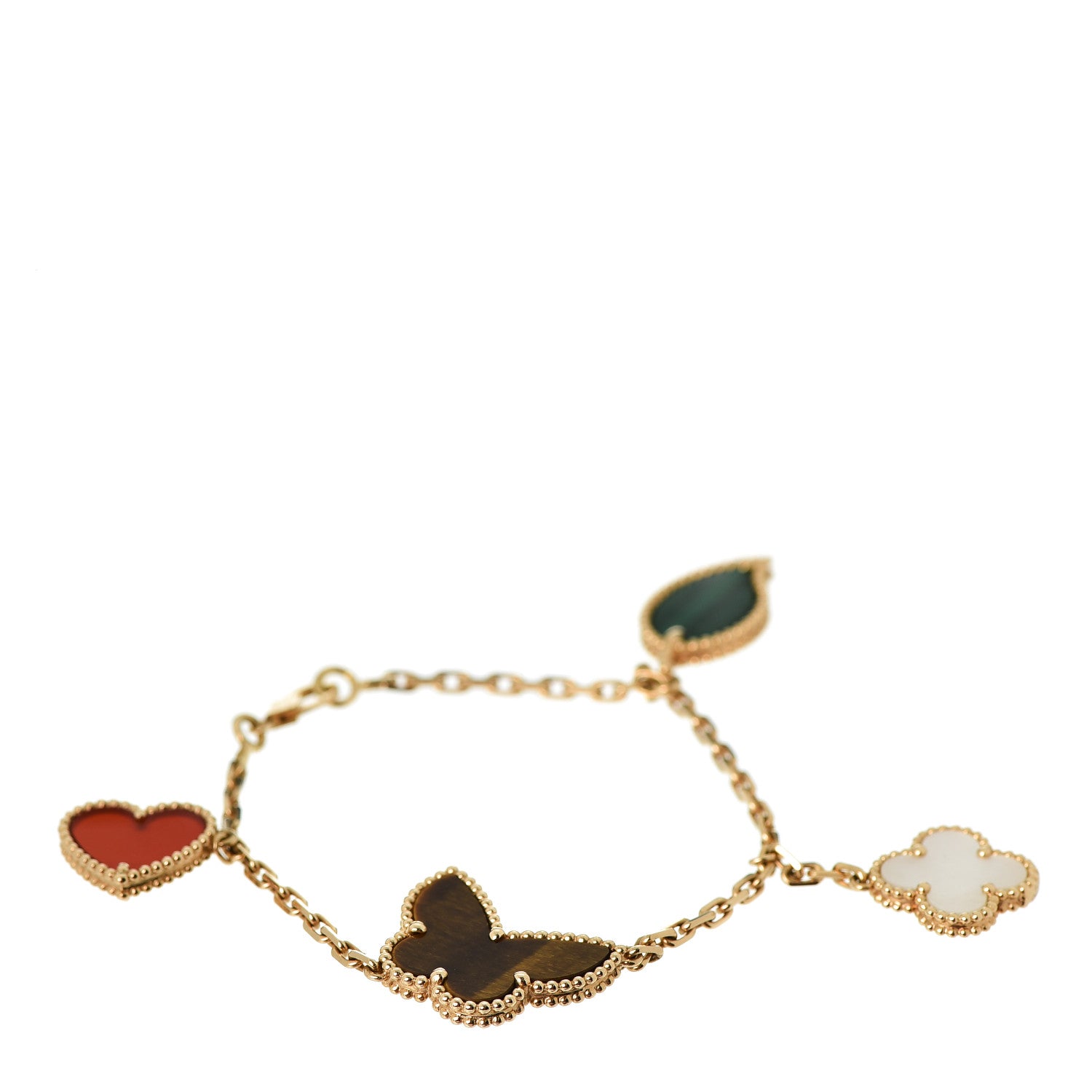 Van Cleef & Arpels 18K Yellow Gold Mother of Pearl Malachite Carnelian Tiger Eye 4 Motifs Lucky Alhambra Bracelet 1 of 5