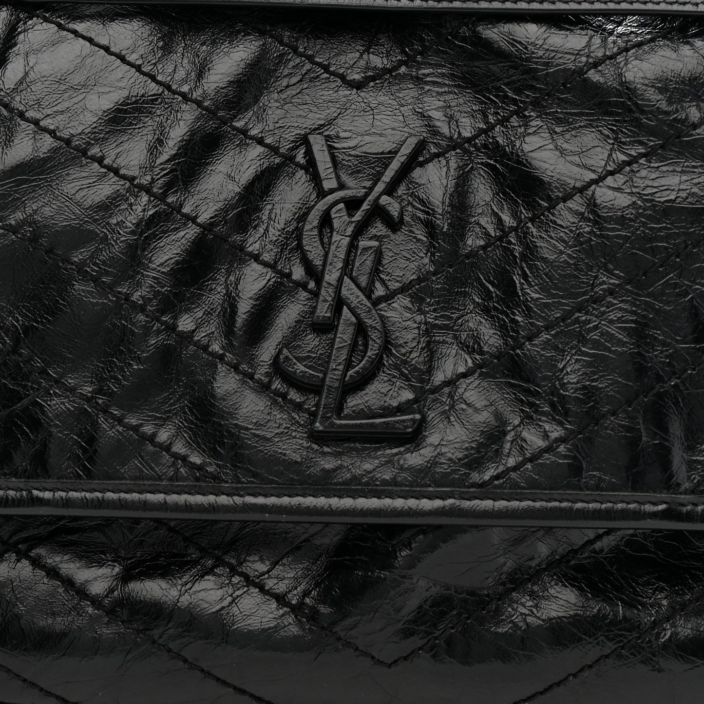 Crinkled Calfskin Matelasse Monogram Medium Niki Chain Satchel Black