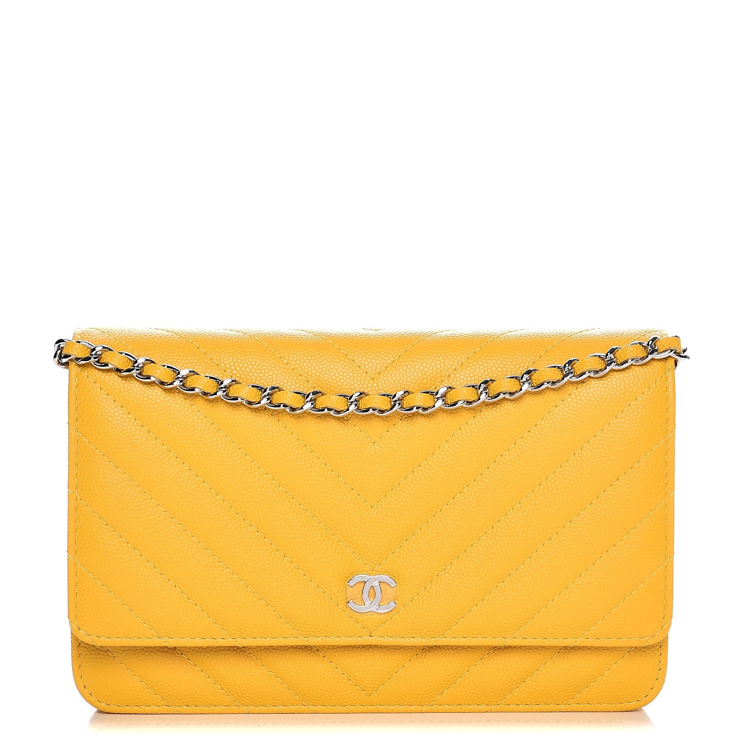 Chanel Caviar Chevron Quilted Wallet On Chain WOC Yellow 1 of 9