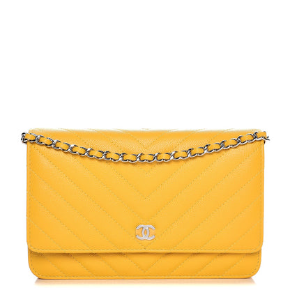 Chanel Caviar Chevron Quilted Wallet On Chain WOC Yellow 1 of 9