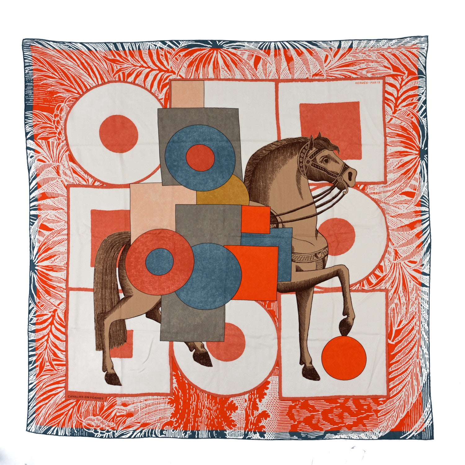 Hermes Cashmere Silk Cavalier En Formes Shawl 140 White Corail Gris 1 of 3