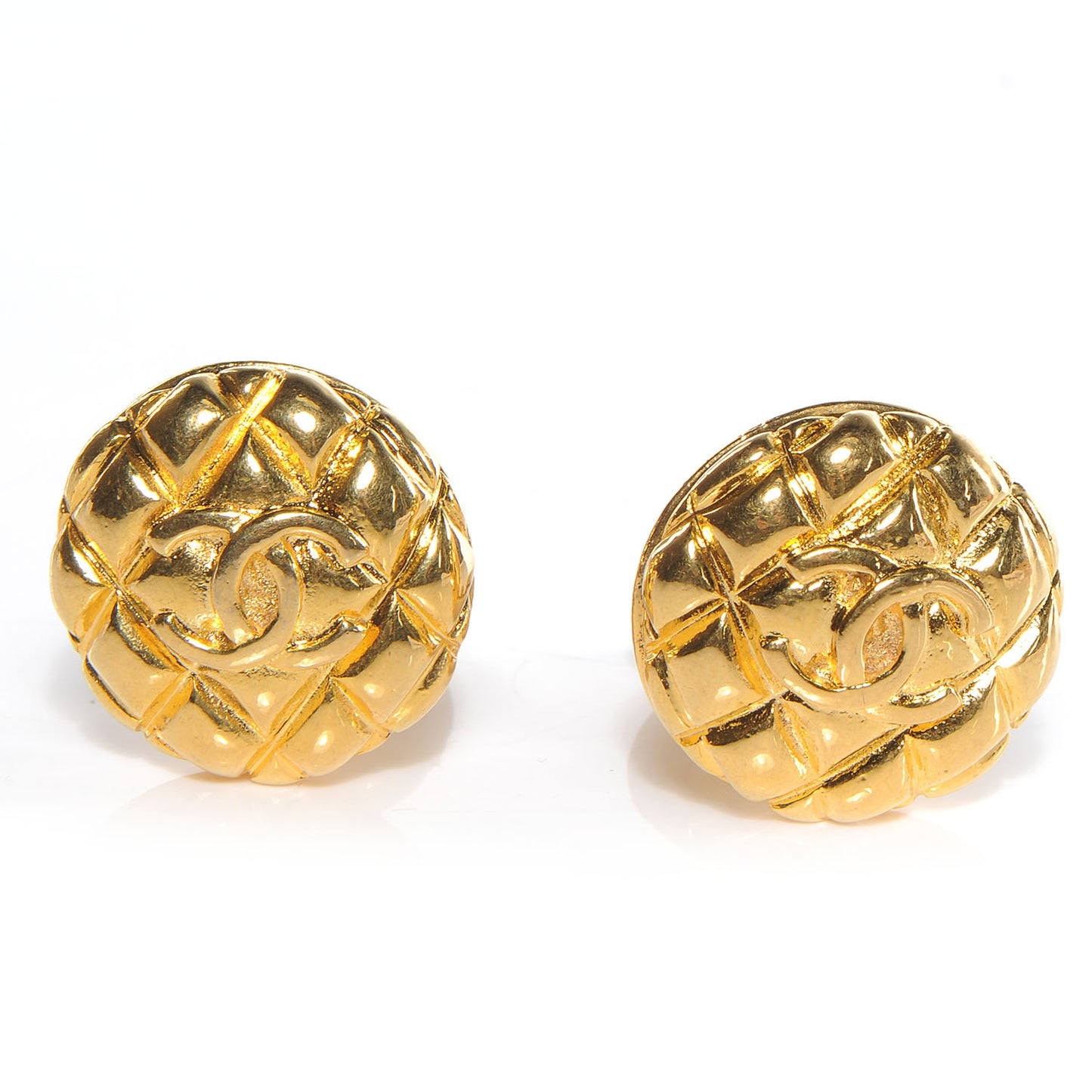 Metal Quilted CC Round Clip On Earrings Gold