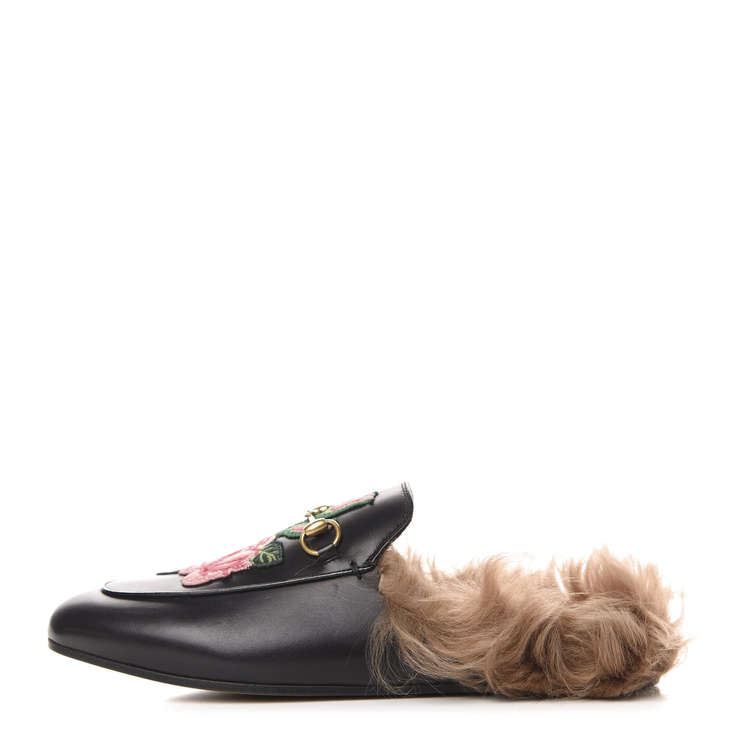 Calfskin Fur Flower Embroidered Princetown Slippers 41 Black