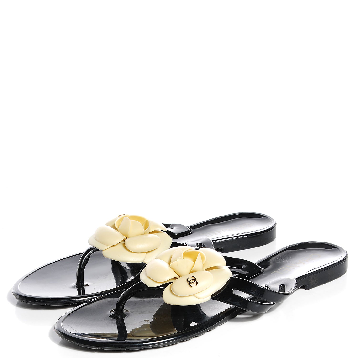 Chanel Jelly Camellia Thong Sandals 38 Black White 3 of 8