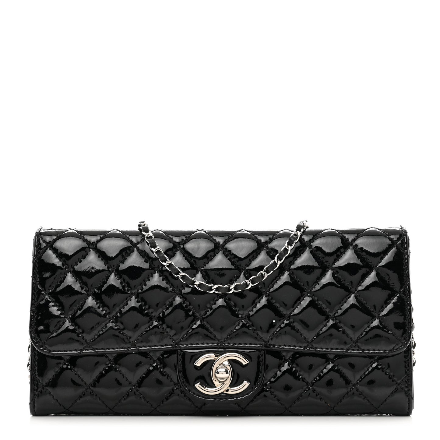 Patent Calfskin Quilted Flap Clutch With Chain Black