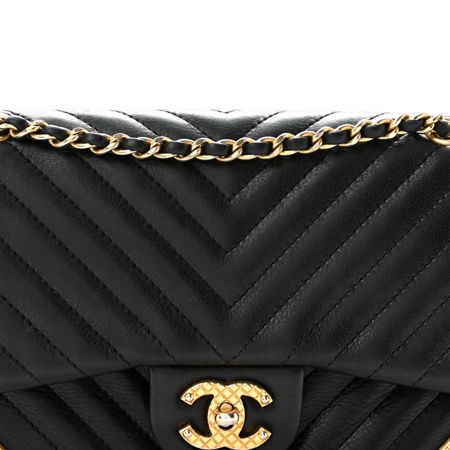 Calfskin Chevron Quilted Mini Rock The Corner Flap Black