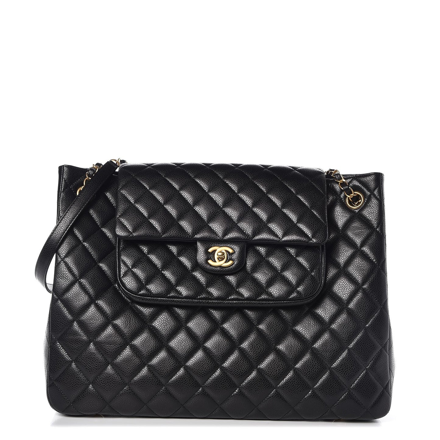 Caviar Quilted Flap Tote Black