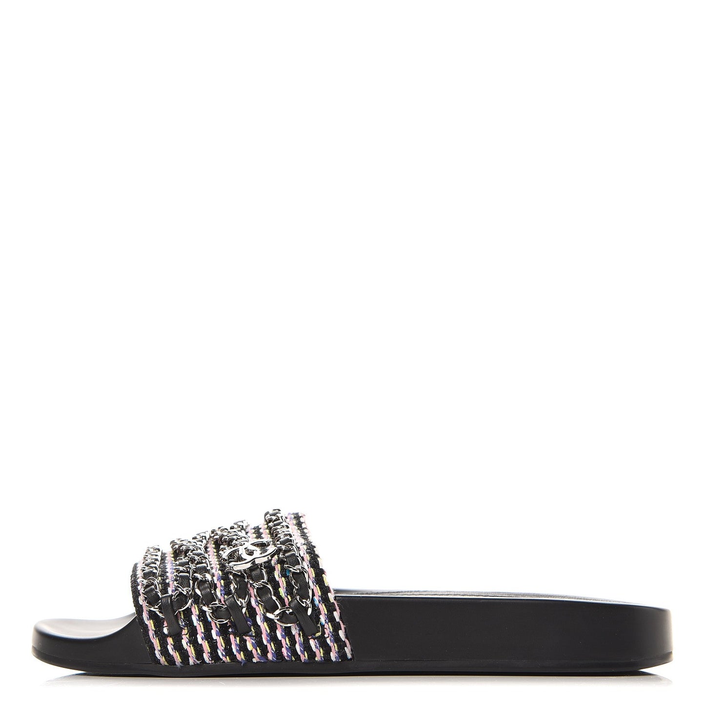 Tweed Lambskin Chain Flat Sandals 38 Black Multicolor