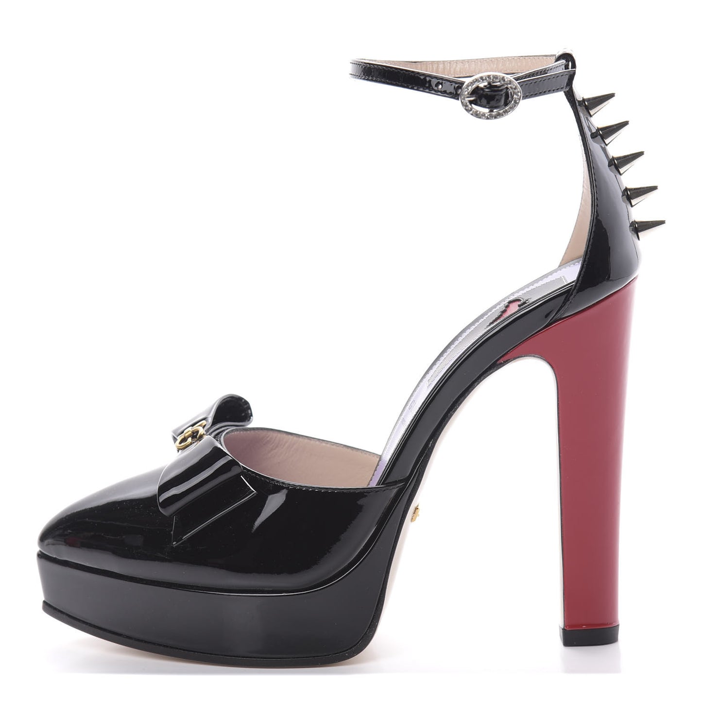 Patent Crystal GG Bow Sadie Spike Ankle Strap d'Orsay Platform High Heel Pumps 36 Black