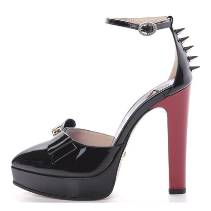 Gucci Patent Crystal GG Bow Sadie Spike Ankle Strap d'Orsay Platform High Heel Pumps 36 Black 1 of 10