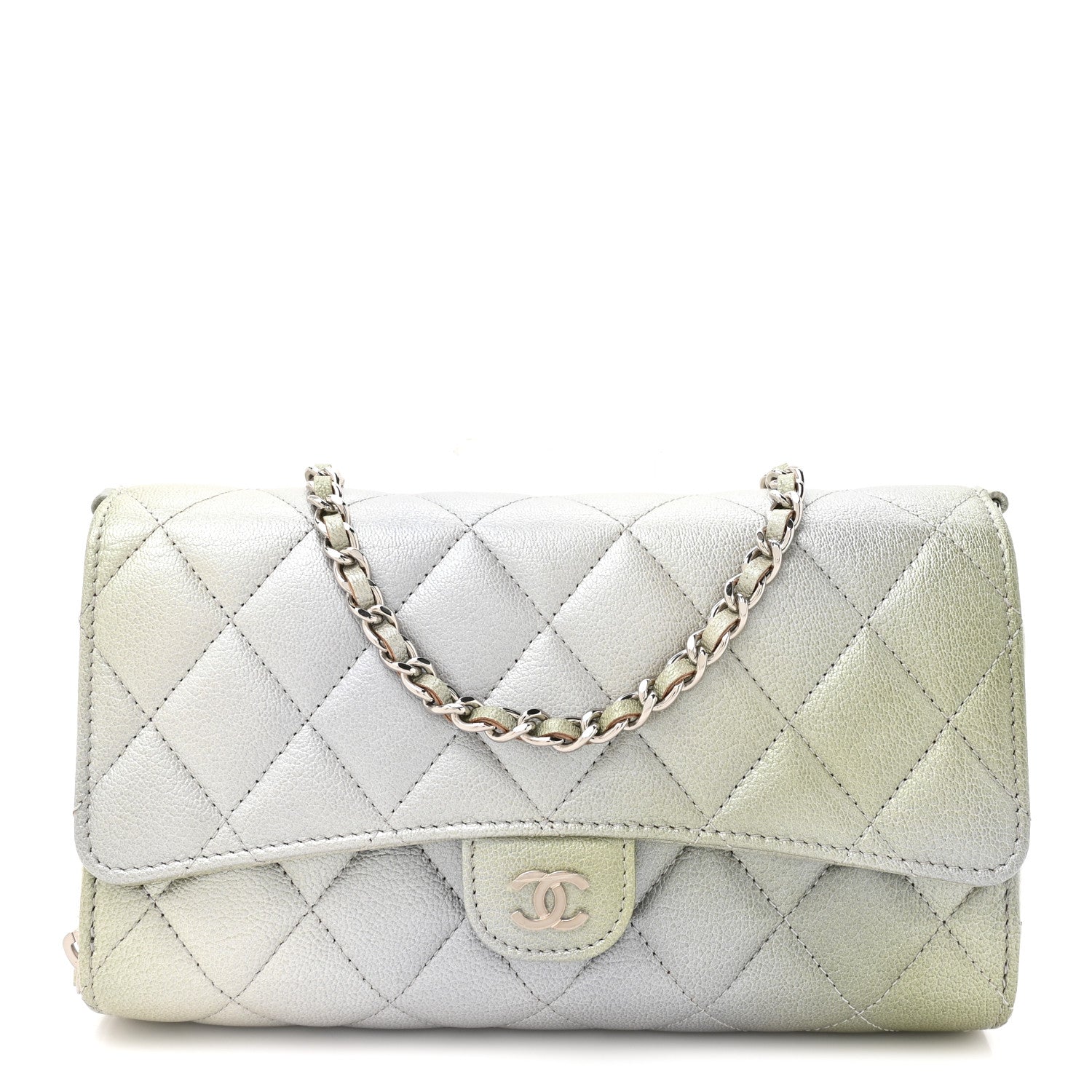 Chanel Metallic Goatskin Quilted Ombre Phone Holder Wallet on Removable Chain Grey Green 1 of 13