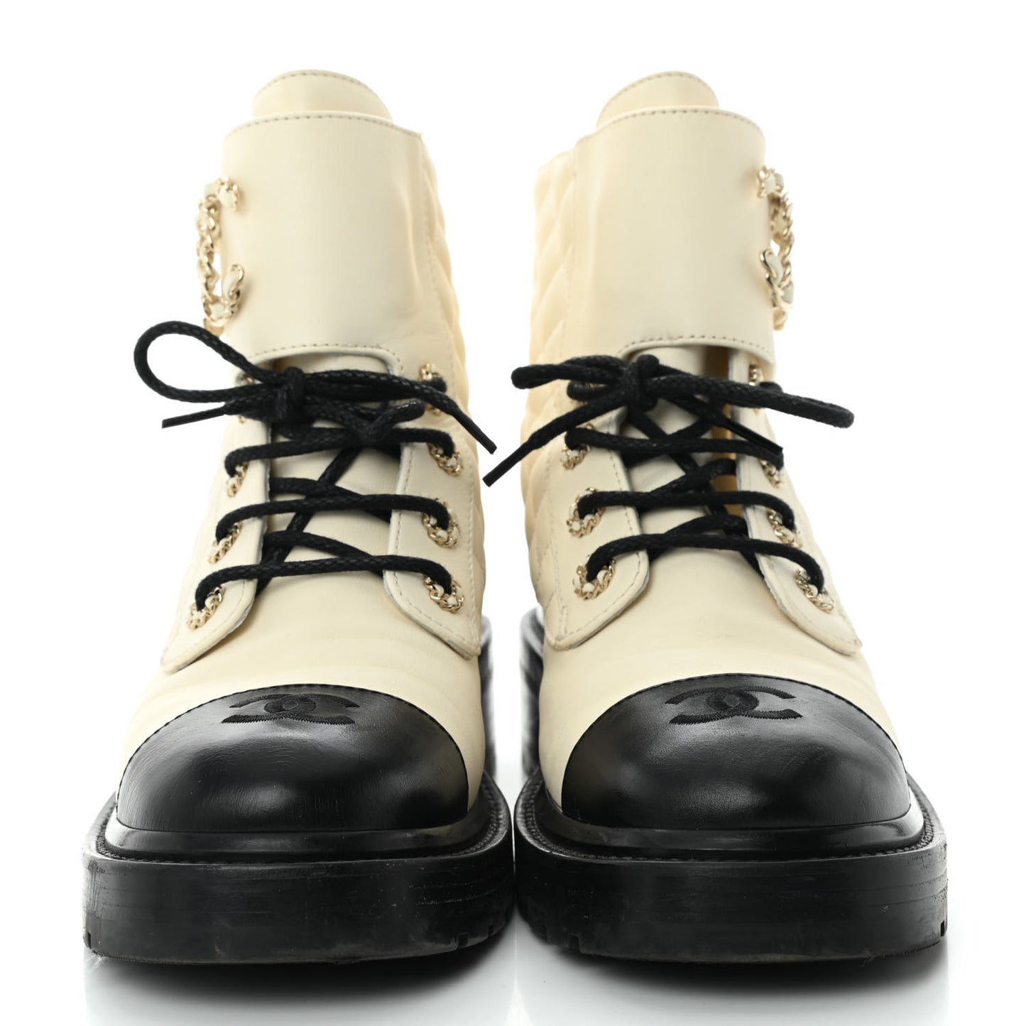 Shiny Goatskin Calfskin Quilted Lace Up Combat Boots 38.5 White Black