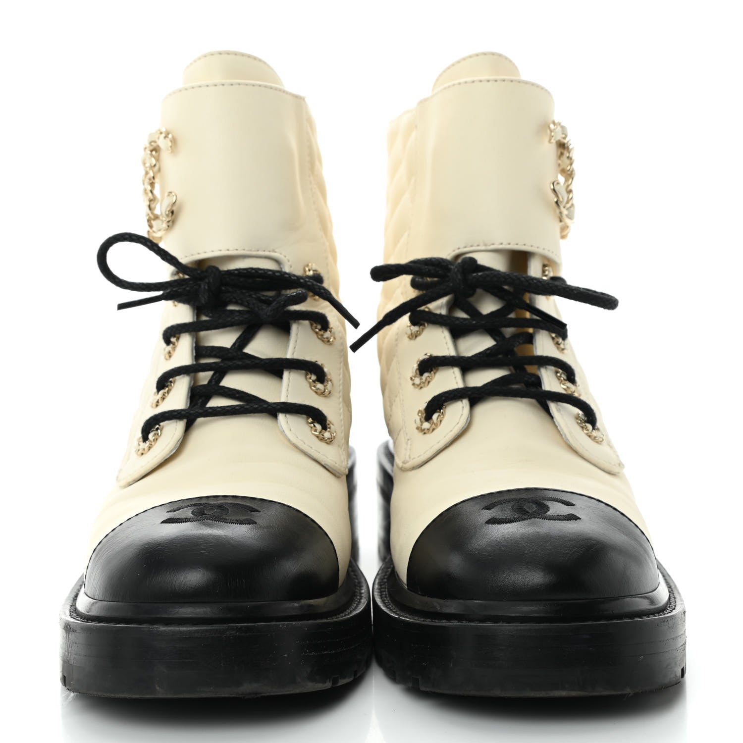 Chanel Shiny Goatskin Calfskin Quilted Lace Up Combat Boots 38.5 White Black 2 of 8