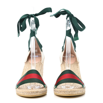 Gucci Canvas Malaga Kid Web Ankle Wrap Espadrille Wedge Sandals 40 Green Red Mystic White Emerald 2 of 11