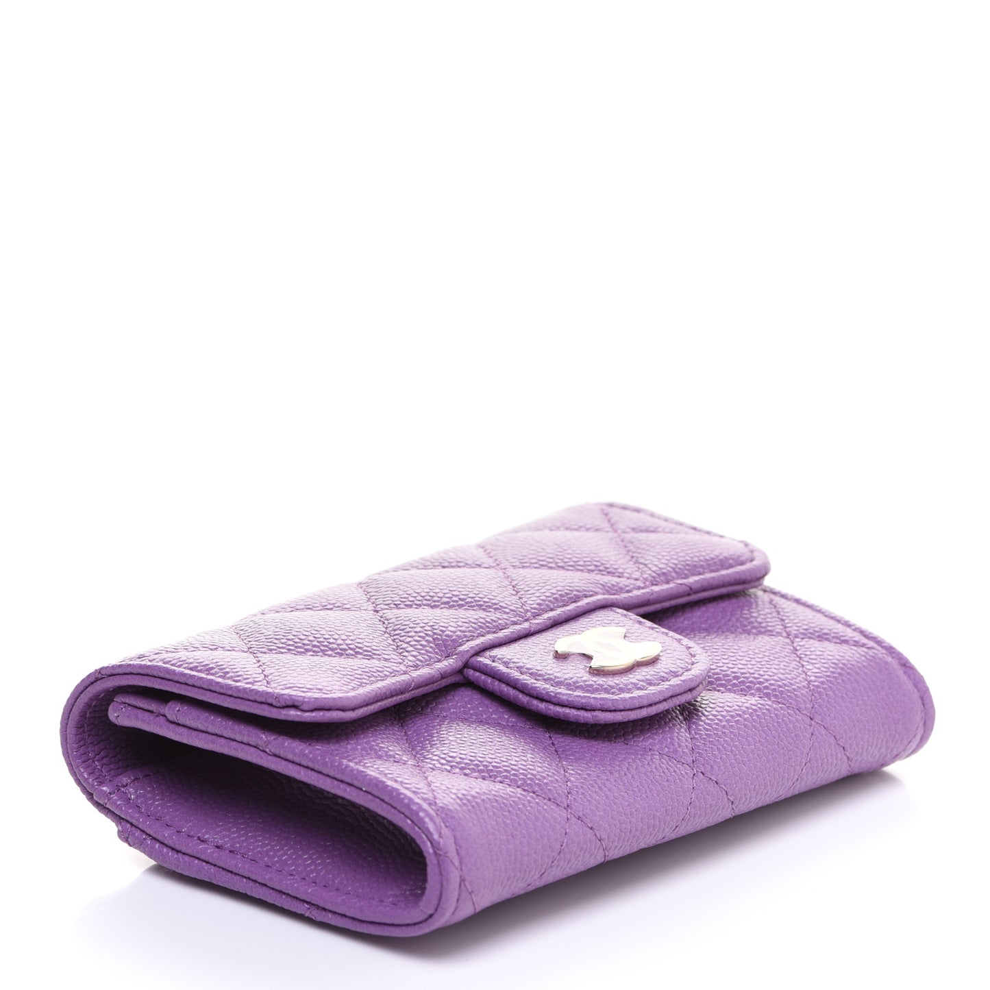 Caviar Quilted Flap Card Holder Wallet Purple