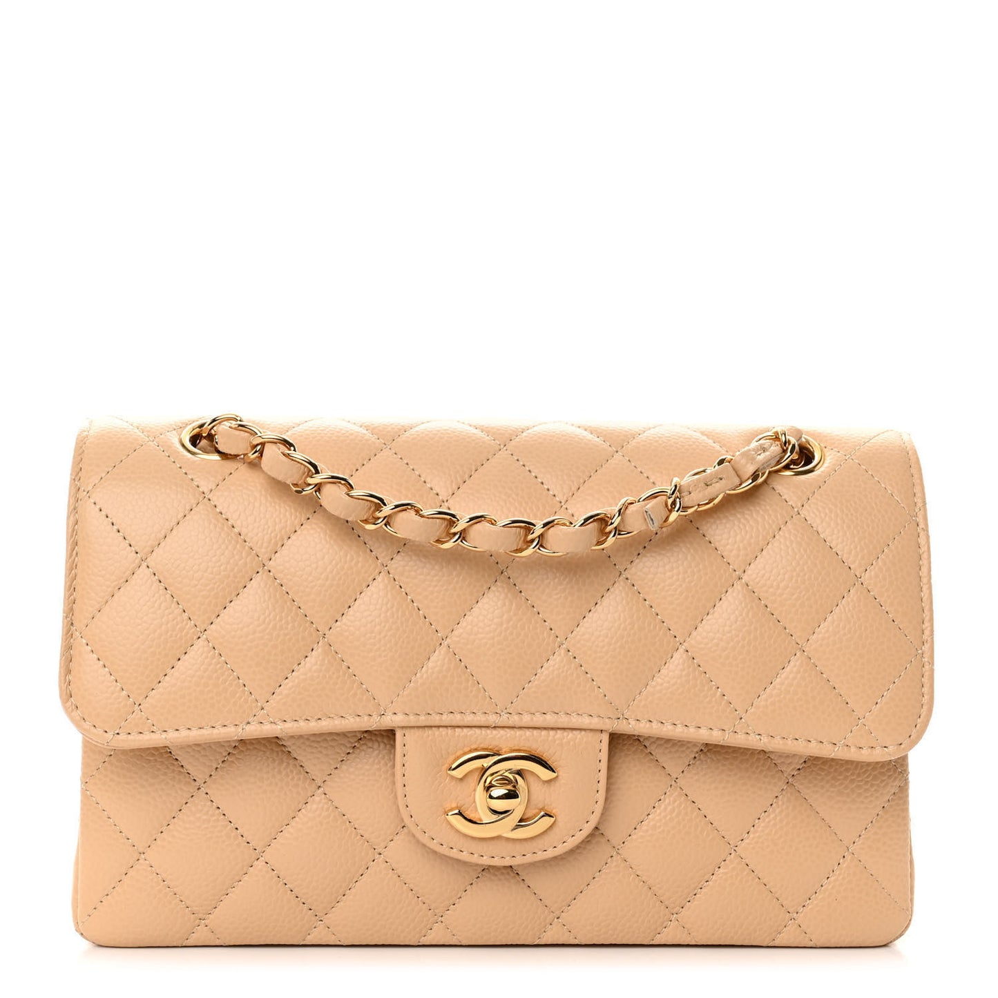 Caviar Quilted Small Double Flap Beige