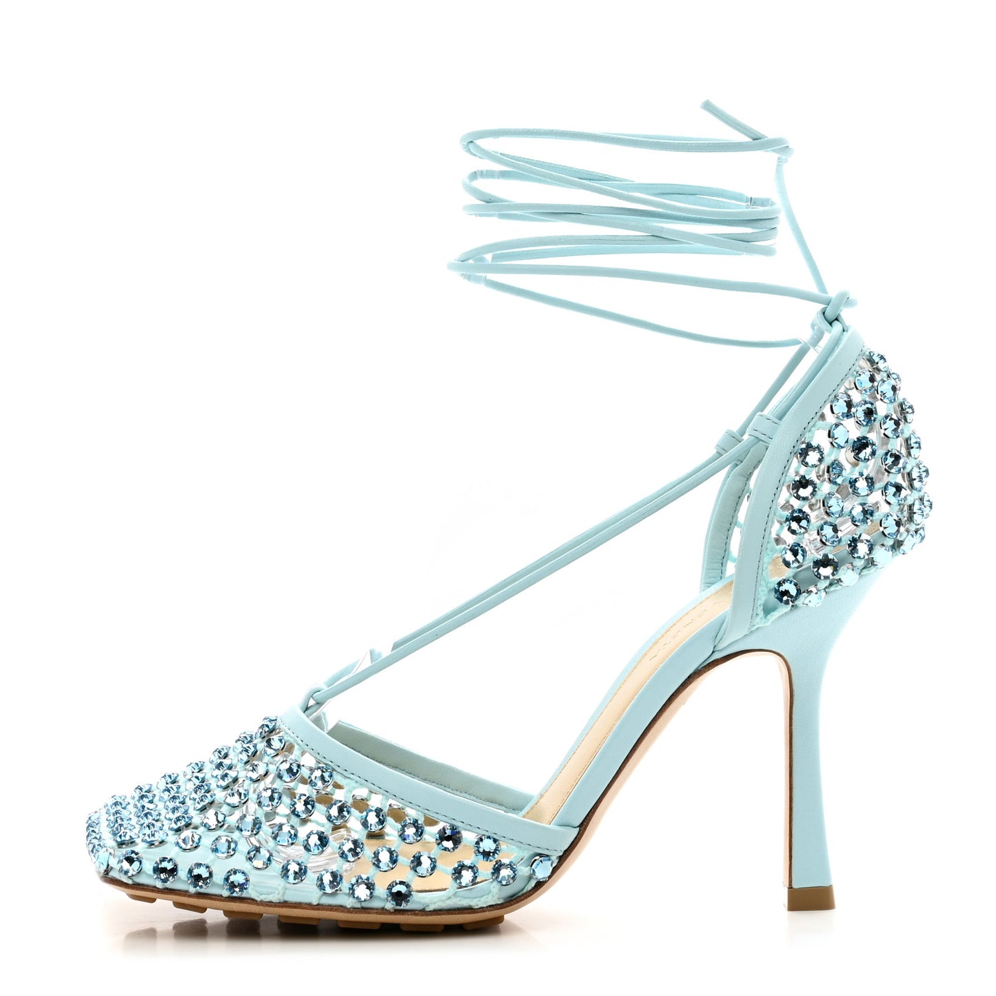 Mesh Nappa Crystal Embellished Sparkle Stretch Ankle Tie Sandals 37.5 Pale Blue