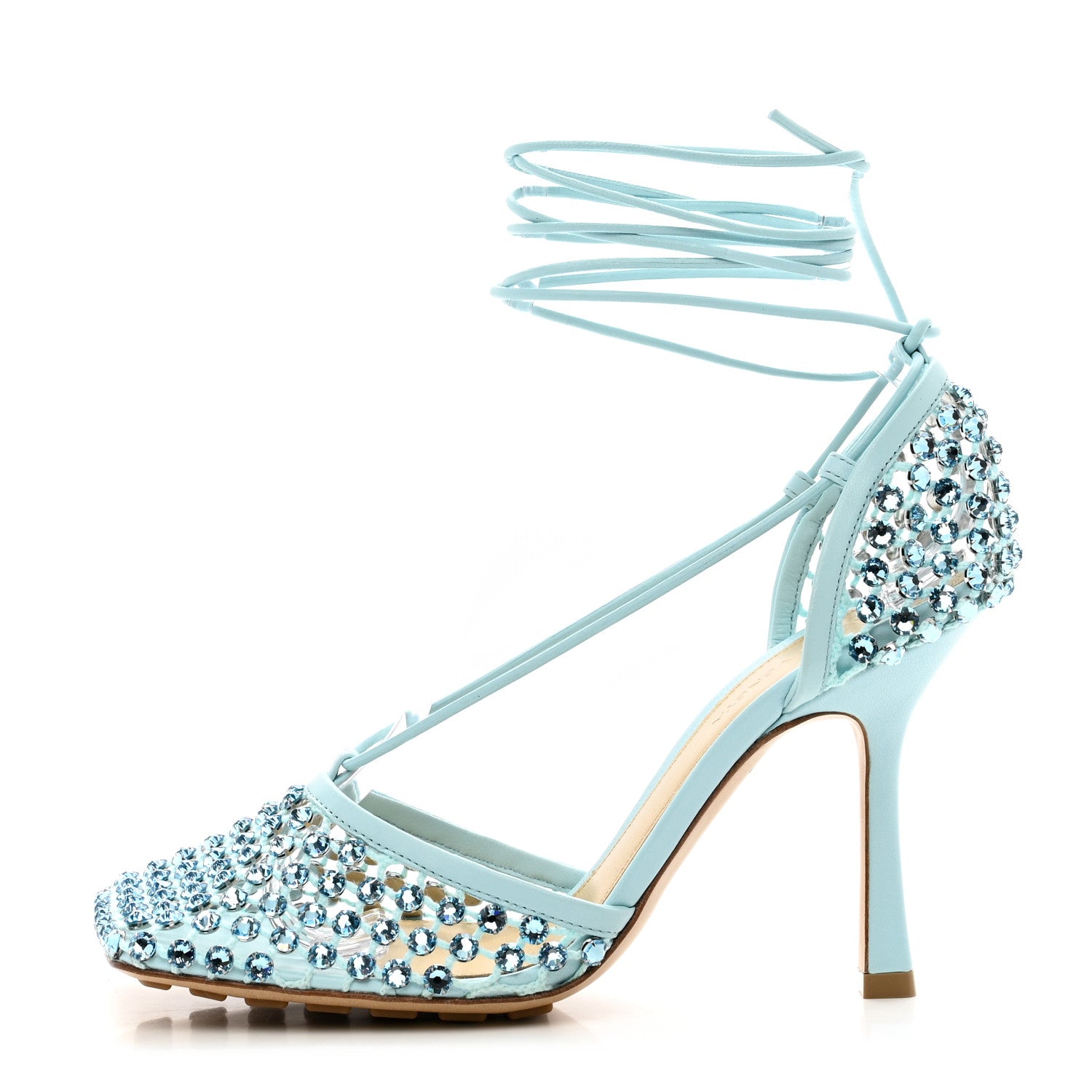 Bottega Veneta Mesh Nappa Crystal Embellished Sparkle Stretch Ankle Tie Sandals 37.5 Pale Blue 1 of 7