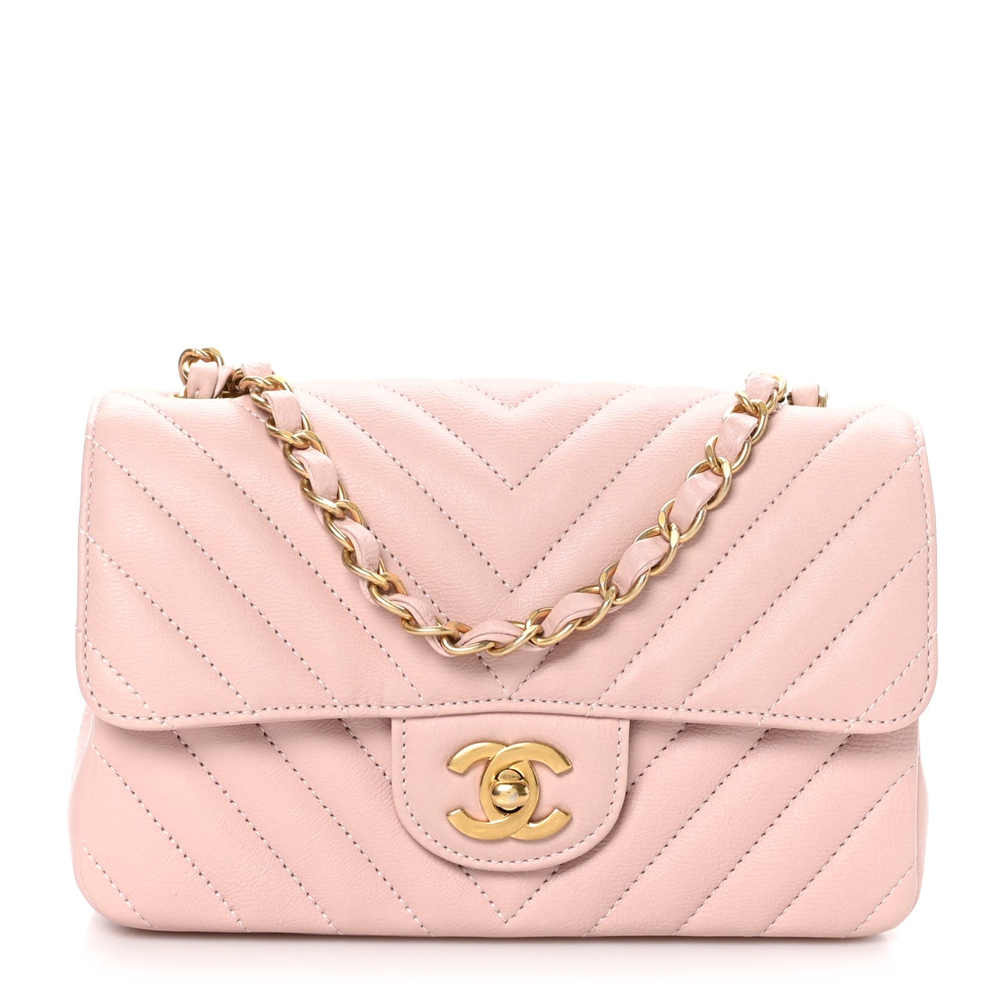 Calfskin Chevron Quilted Mini Rectangular Flap Light Pink