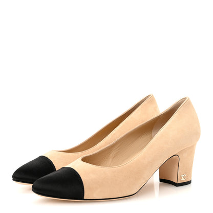 Chanel Suede Satin Cap Toe Low Heel Pumps 40 Beige Black 4 of 9
