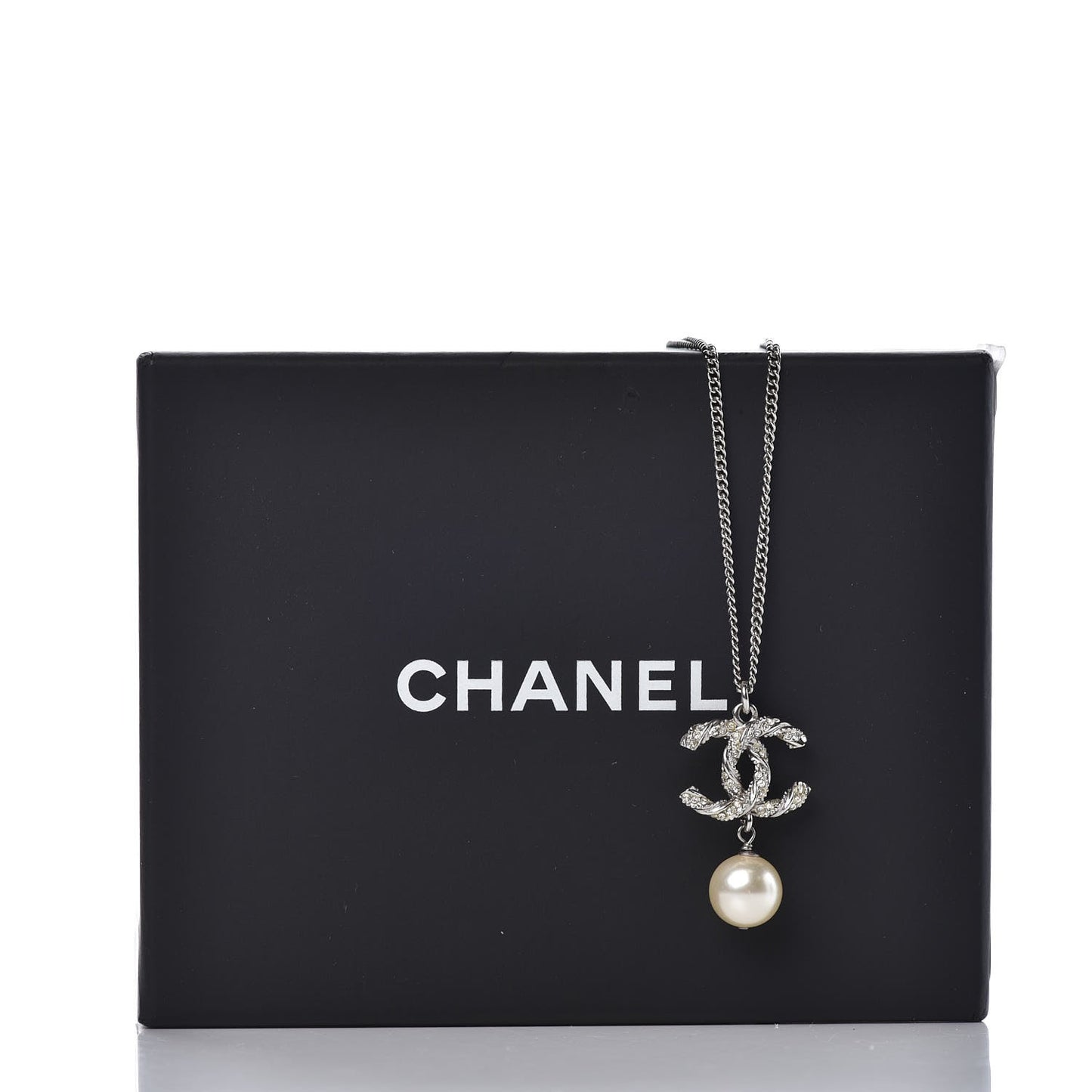Crystal Pearl Twisted CC Drop Necklace Silver
