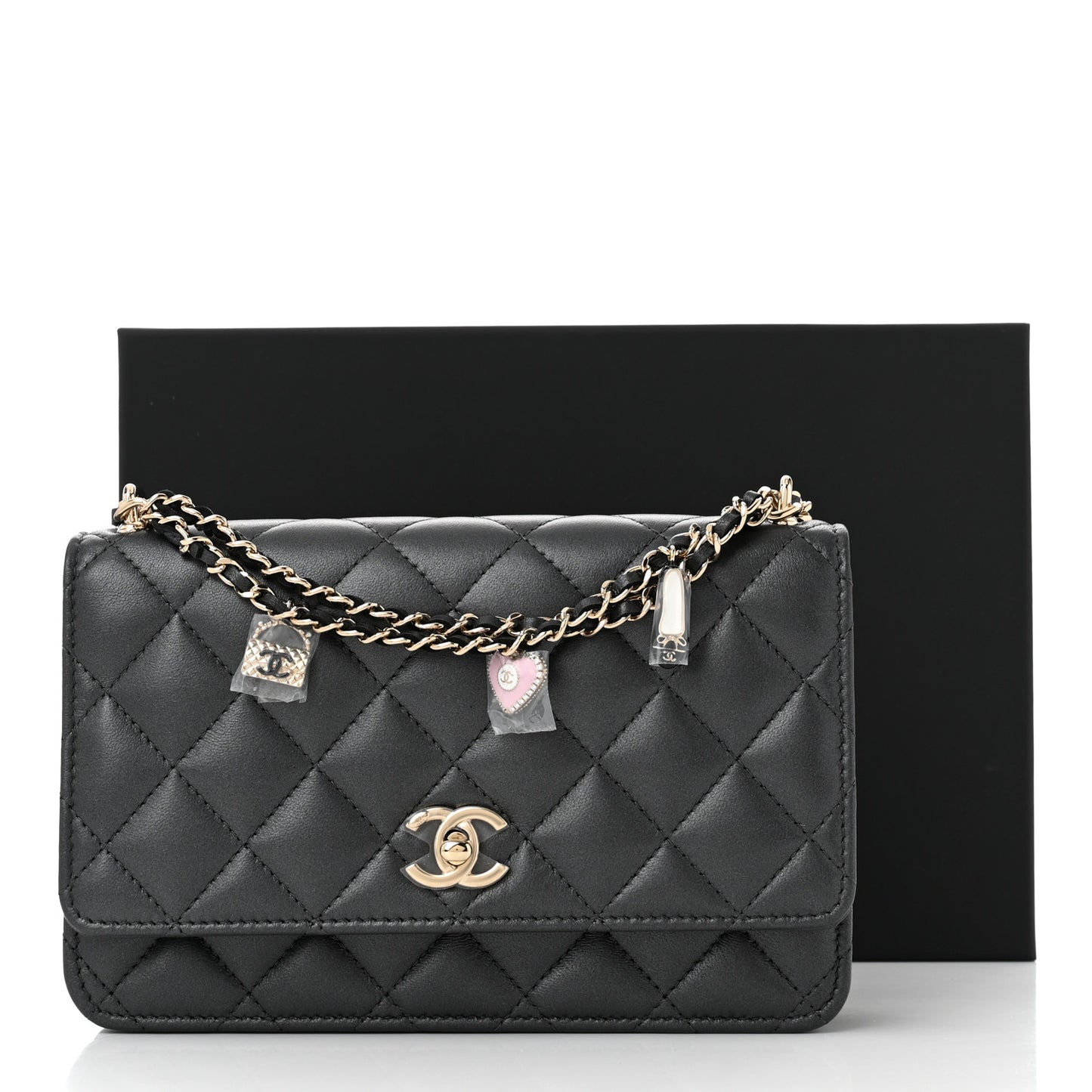 Pearly Lambskin Quilted Charms Wallet On Chain WOC Black