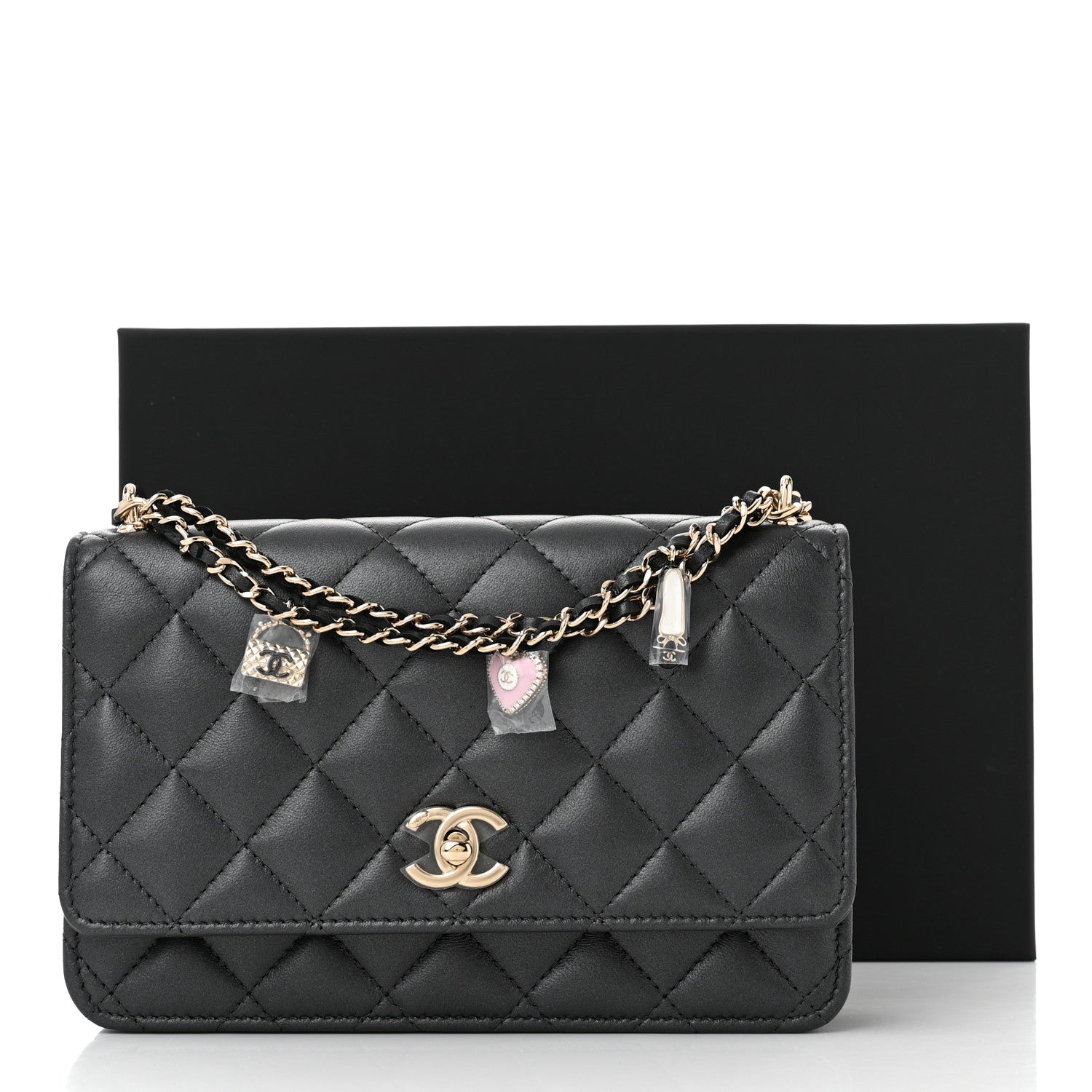 Chanel Pearly Lambskin Quilted Charms Wallet On Chain WOC Black 12 of 12