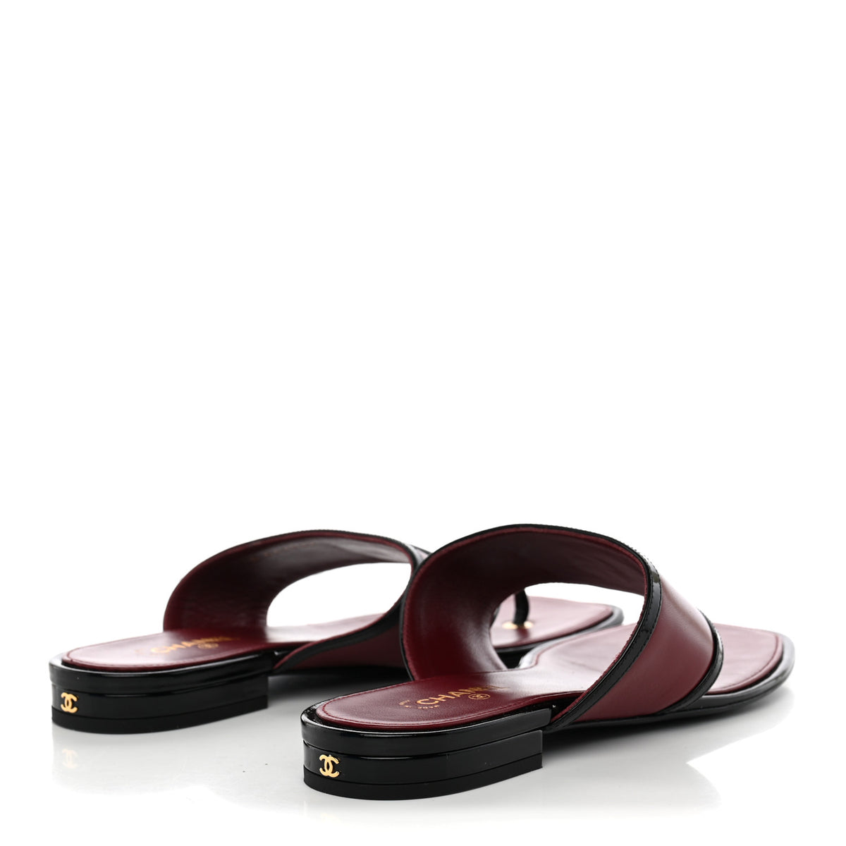Chanel Lambskin Patent Calfskin CC Thong Sandals 37 Burgundy Black 4 of 9