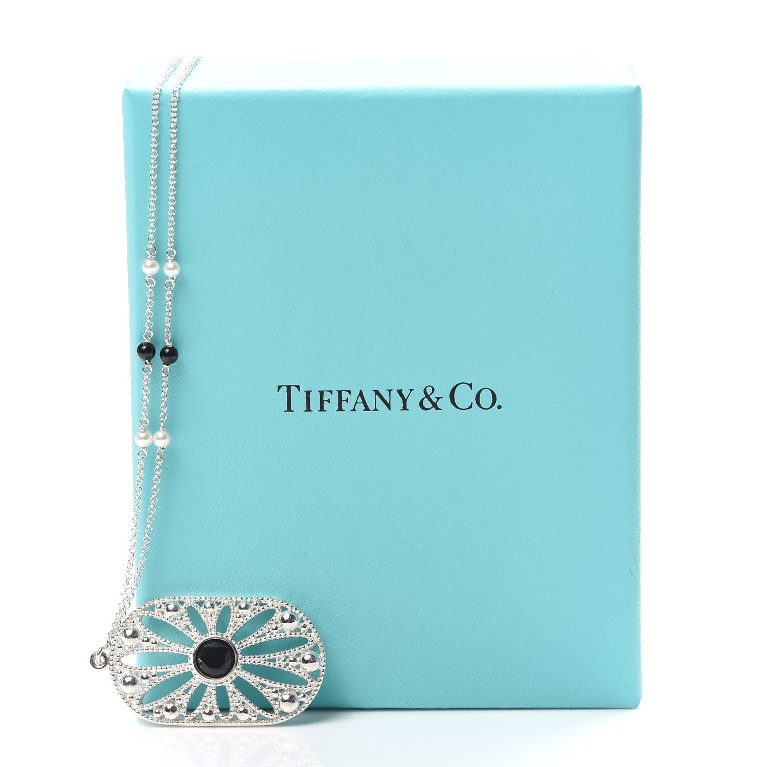Tiffany Sterling Silver Black Onyx Pearl Ziegfeld Daisy Pendant Necklace 6 of 6