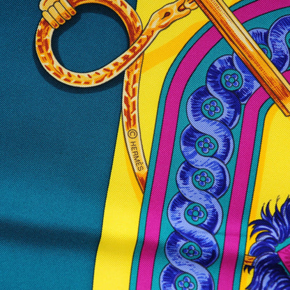 Hermes Silk Bride De Cour Scarf 90 Canard Jaune Vif Fuchsia 4 of 5